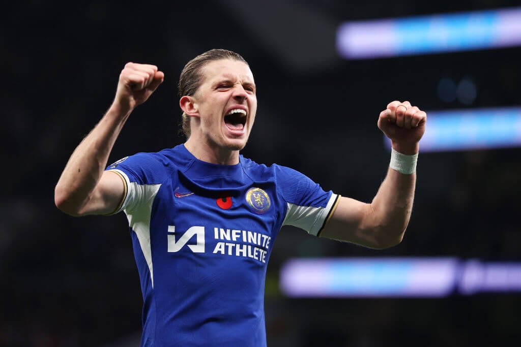 Conor Gallagher celebrates scoring for Chelsea.